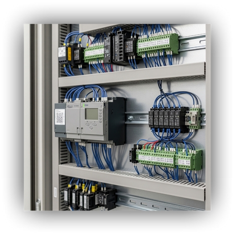 The meticulously organized interior wiring of a custom control panel for oil and gas automation.