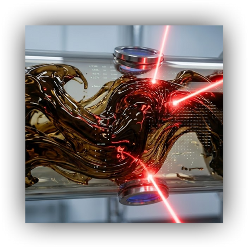 Crude oil flowing through an industrial pipe with glowing laser measurement.