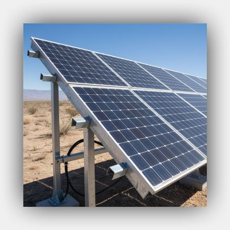 A close-up of high-efficiency industrial solar panels mounted on a sturdy frame in a sunny, arid environment.