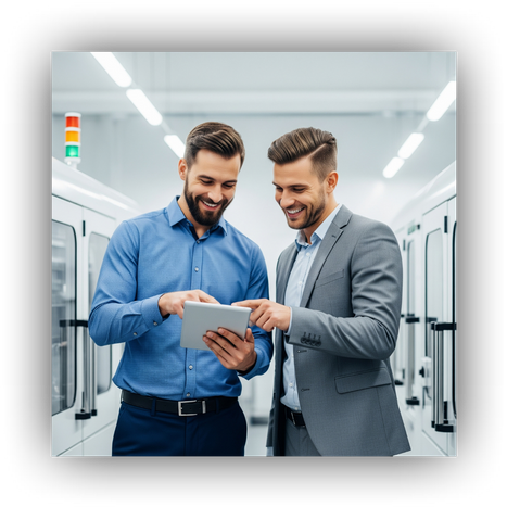 An engineer and a manager smile while collaborating over a tablet in a modern industrial facility, representing a successful partnership in implementing new technology.