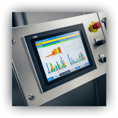 An HMI screen displaying real-time production data and graphs on a custom control panel.