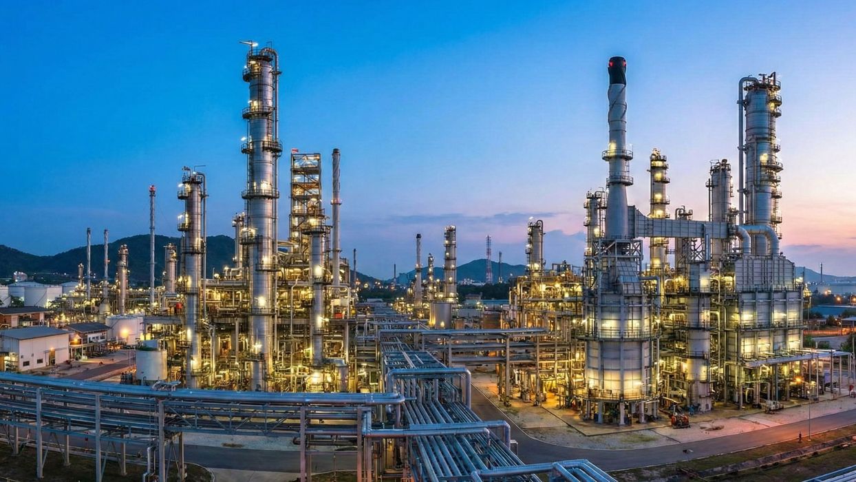 A wide view of a large petrochemical plant complex illuminated at twilight.