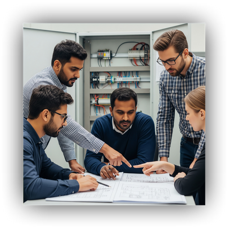 Engineers reviewing schematics for a scalable custom control panel fabrication project.