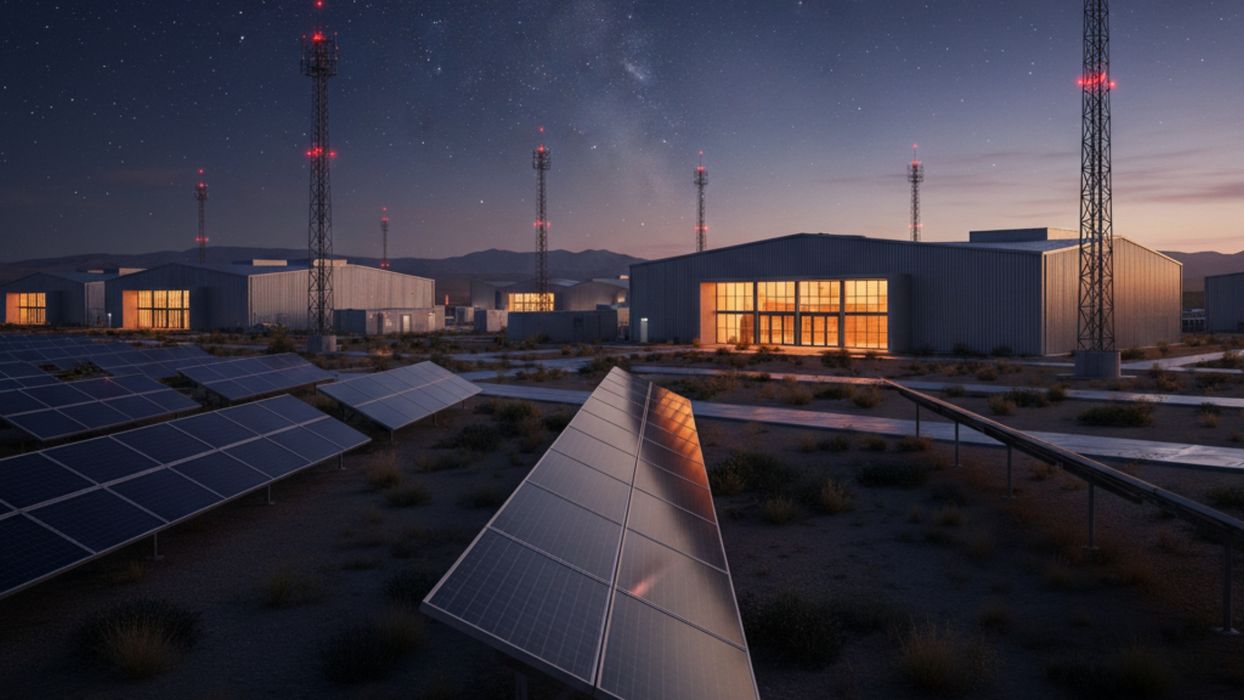 A panoramic shot of a modern, well-maintained remote industrial site at dusk, illuminated by a warm glow, with industrial solar panels prominently featured in the foreground and a clear, starry sky overhead.