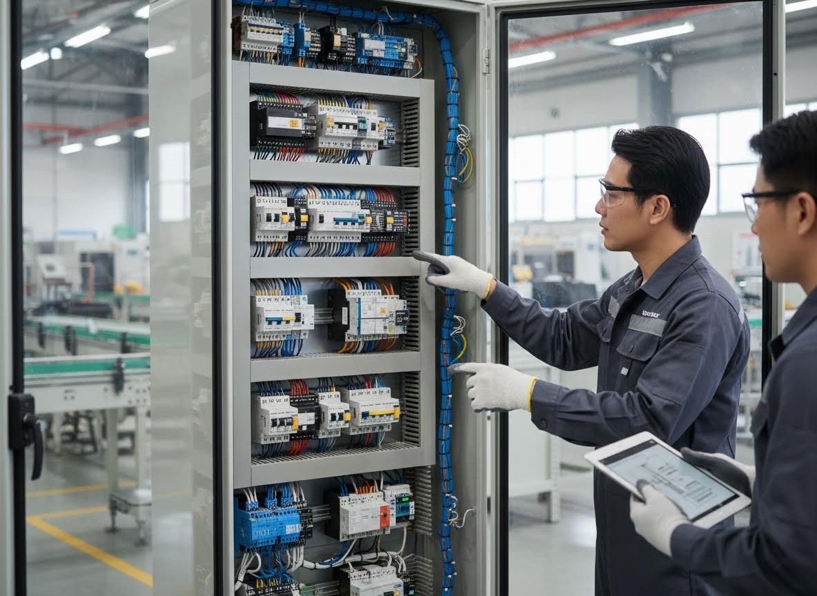 Engineers Inspecting Electrical Control Panel