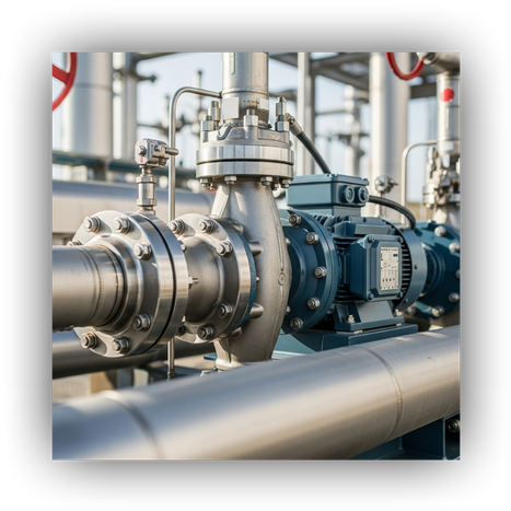 A detailed close-up of a robust industrial charge pump connected to stainless steel piping on a LACT unit.