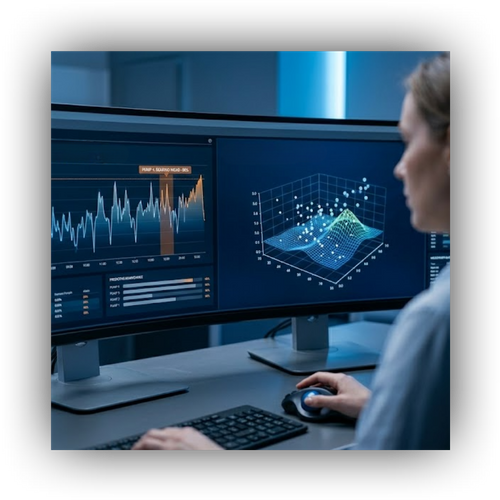 A modern software dashboard displaying predictive maintenance and uncertainty algorithms.