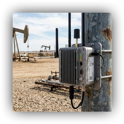 Close-up of a ruggedized industrial edge computing gateway with multiple antennas mounted securely on a weathered metal pole in an active oilfield environment, featuring glowing indicator lights and acting as a critical data bridge.