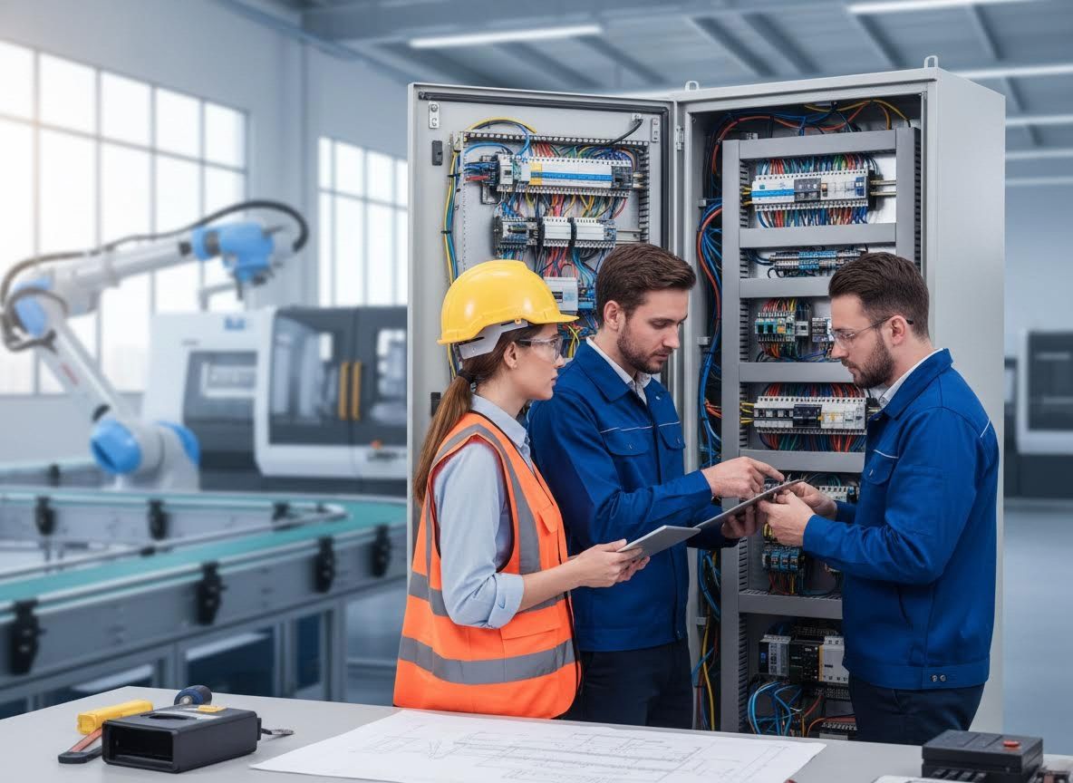 Engineers Inspecting Electrical Control Panel