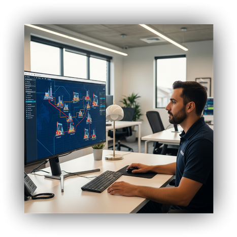 A technician in an office using a centralized SCADA system to remotely monitor multiple oilfield assets on a digital map