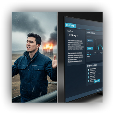 A side-by-side image of two scenarios: on one side, a field technician reacting to a mechanical failure in harsh weather; on the other, a digital SCADA dashboard showing trend data and predictive analytics