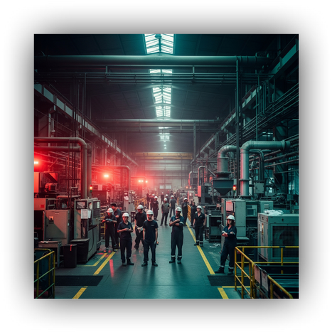 An industrial floor with halted machinery, idle workers, and flashing red alarms