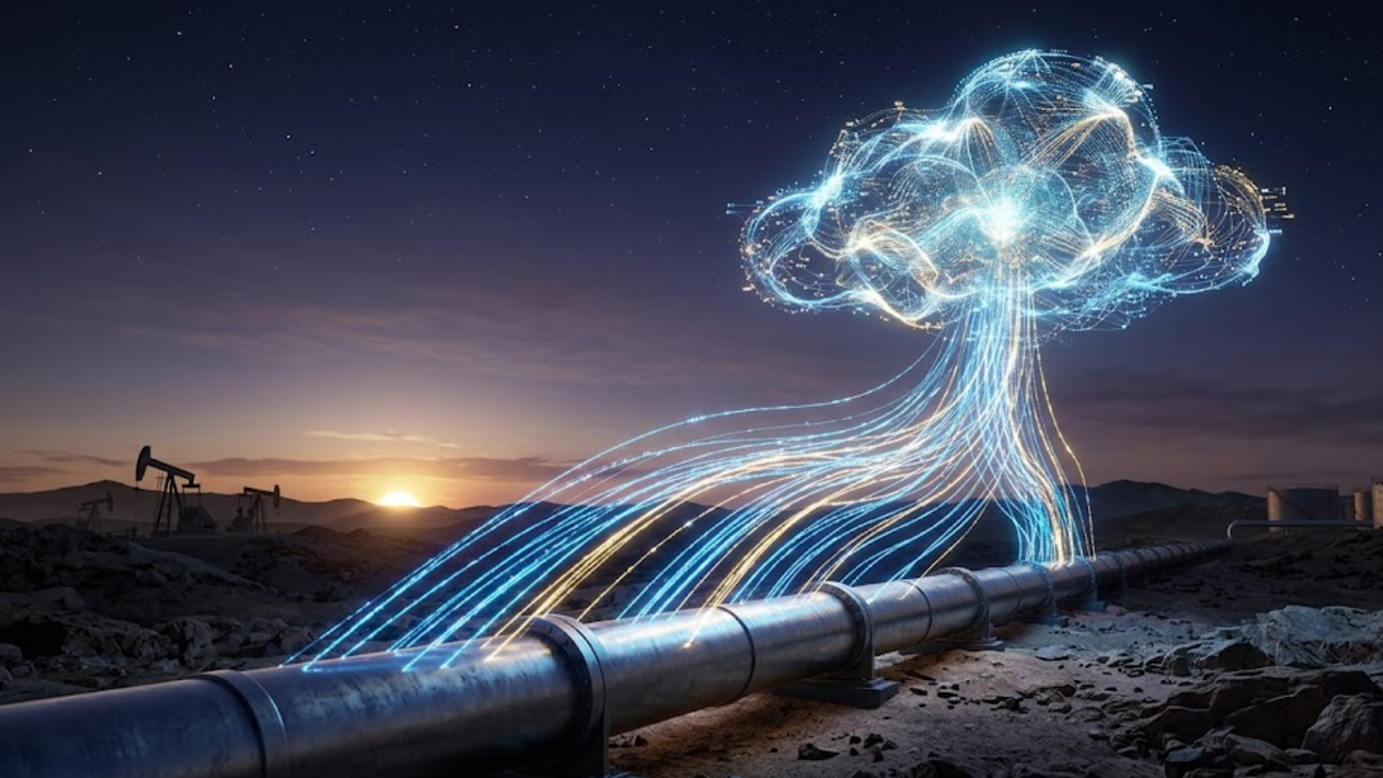 Futuristic visualization of an oil pipeline in a desert landscape at dusk, with glowing blue and gold data streams rising dynamically into a luminous, intricate digital cloud network, symbolizing data transmission.