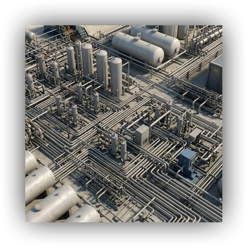 Aerial drone view of a crowded multi-well oil pad showing dense piping networks, storage tanks, and limited ground space for equipment installation.