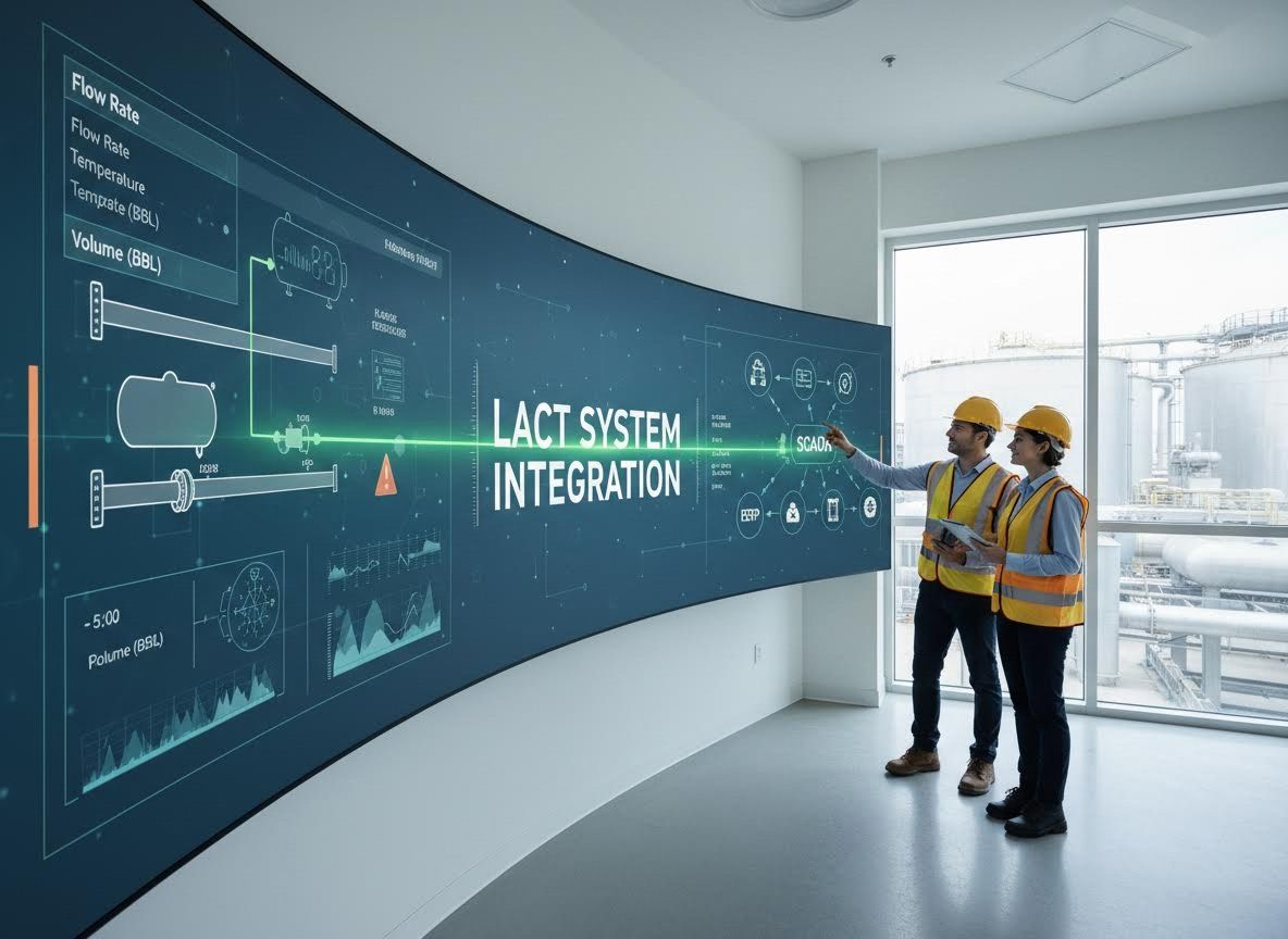 Engineers reviewing LACT System Integration on a large digital display