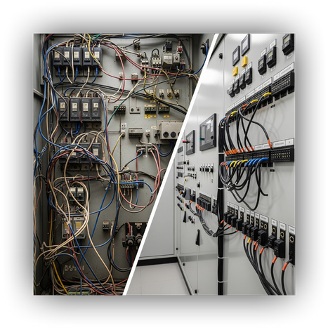 One half of the image shows a poorly wired, cluttered control panel with frayed wires; the other half shows a clean, professional control panel with organized cabling and clearly labeled components.