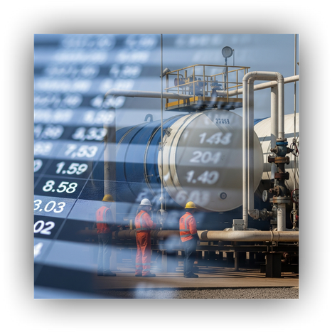 Spreadsheet showing small volume discrepancies with oil barrels in the background