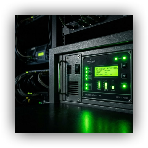 Close-up, rugged UPS with glowing green lights.