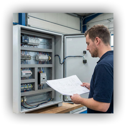 An engineer reviews electrical schematics next to an open, custom-built industrial control panel in a workshop.