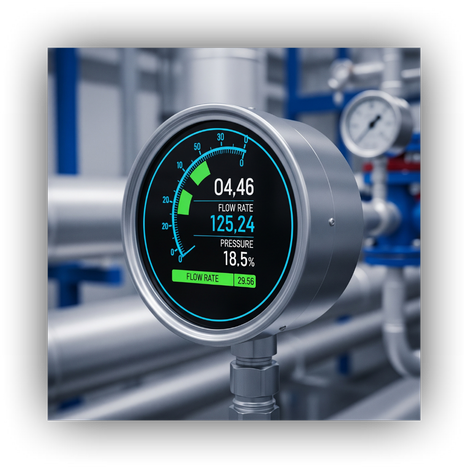 A close-up of a modern pipeline pressure gauge with a digital overlay displaying precise flow rate and pressure data, highlighting the importance of real-time data in the oil and gas industry.