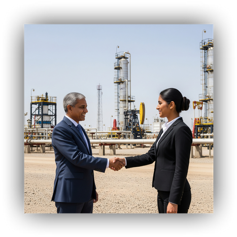 Business partners shaking hands at an oil transfer station