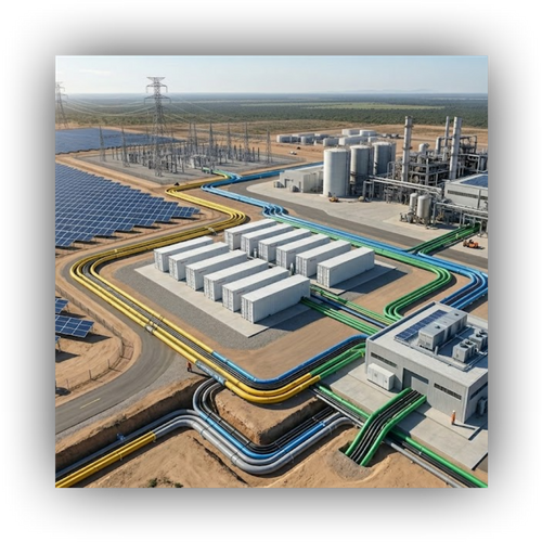 Conceptual graphic of energy flow (grid, battery, solar, plant).
