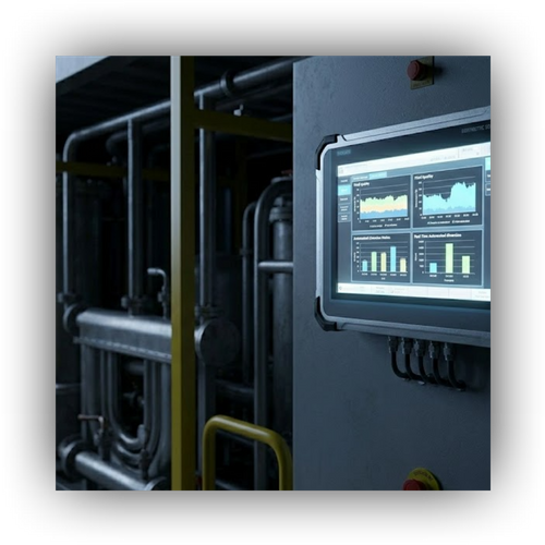 Close-up of a glowing PLC touch screen mounted on a metal industrial skid, displaying real-time digital charts for fluid quality and automated data.