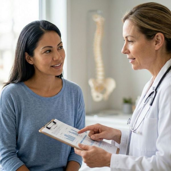 A doctor-patient interaction shot where a female patient (East Asian descent) and a female doctor discuss test results using a general clipboard.