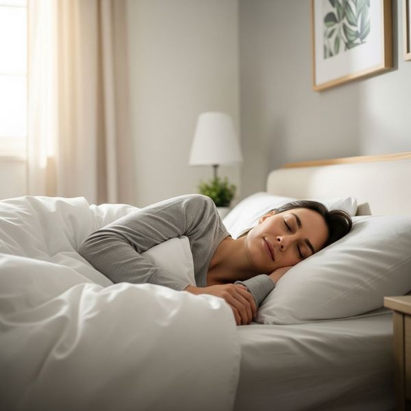 A person sleeping peacefully in a comfortable bed, looking well-rested in a calm, sunlit room.