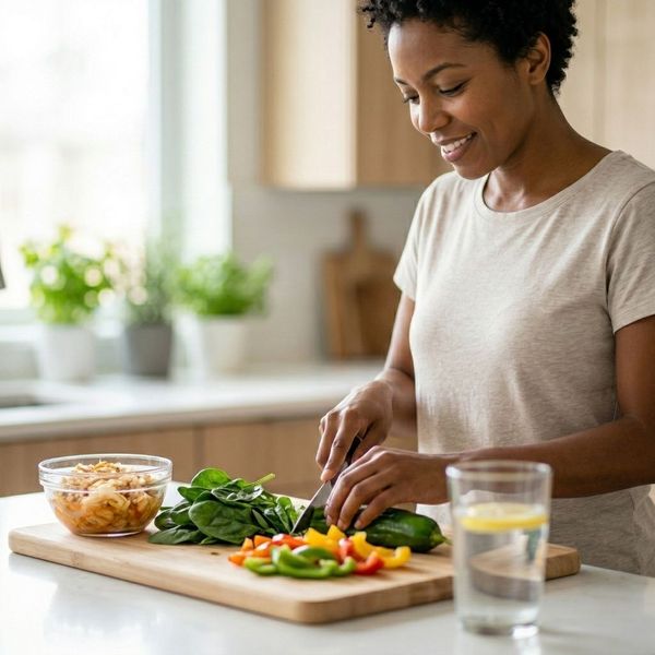 A young adult of African descent preparing a healthy, diverse meal with fresh vegetables and a fermented food bowl.