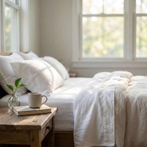 Serene and peaceful bedroom setting with soft lighting, representing the importance of restorative sleep.