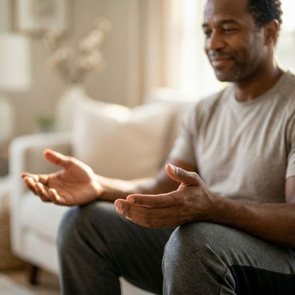 A close-up of a middle-aged Black man's hands, resting on his knees, palms open and relaxed, representing flexibility and relief from systemic inflammation.