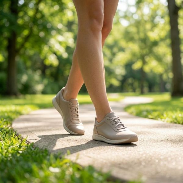 A person walking with good posture in a bright park, symbolizing healthy movement and functional mobility.