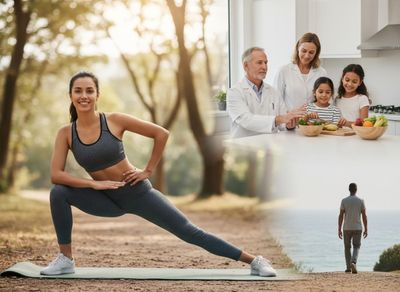 A collage showing a woman exercising, a family preparing healthy food with nutritionists, and a man walking by the sea. Comprehensive Wellness and Healthy Lifestyle Collage