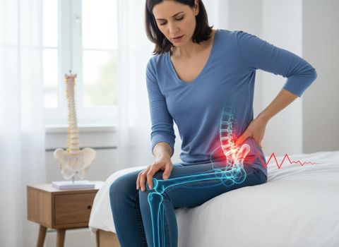 A woman sits on a bed, grimacing and holding her lower back, with a digital overlay showing painful spine and leg bones. Woman Experiencing Lower Back and Sciatic Nerve Pain