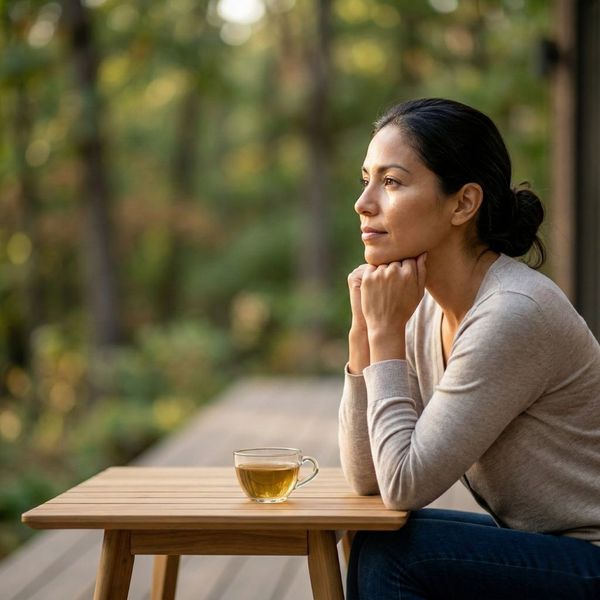 A woman sitting in a moment of determined rest, symbolizing reclaiming energy.