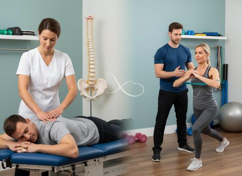 A chiropractor massages a patient's back while a physical therapist guides a woman through resistance band exercises. Chiropractic and Physical Therapy