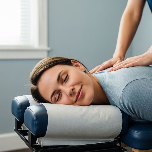 A patient lying face down and relaxed on a chiropractic table while receiving an adjustment from a chiropractor.