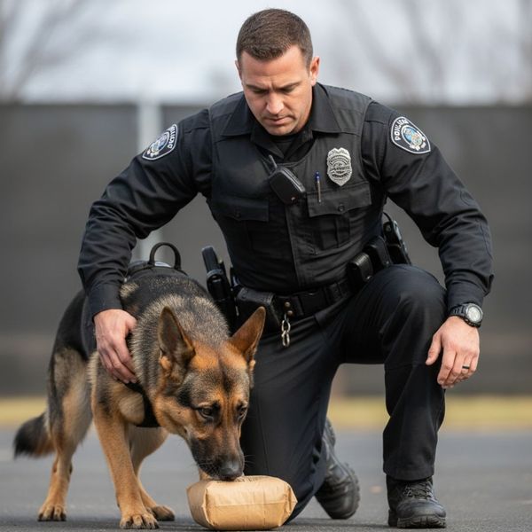 A K9 officer in a black uniform kneeling on the ground while his German Shepherd K9 partner performs a scent detection task on a brown package.