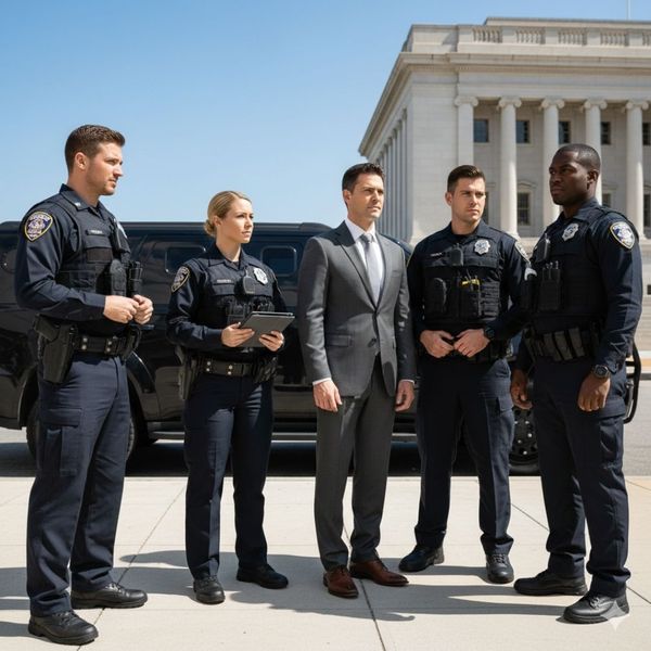 A group of four Special Police officers in tactical gear standing with a man in a professional grey suit in front of a government-style building in Washington D.C.