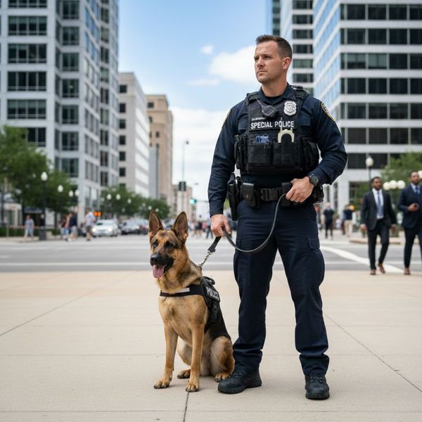 A professional Special Police officer in tactical uniform standing on a Washington D.C. city sidewalk with a German Shepherd K9 partner.