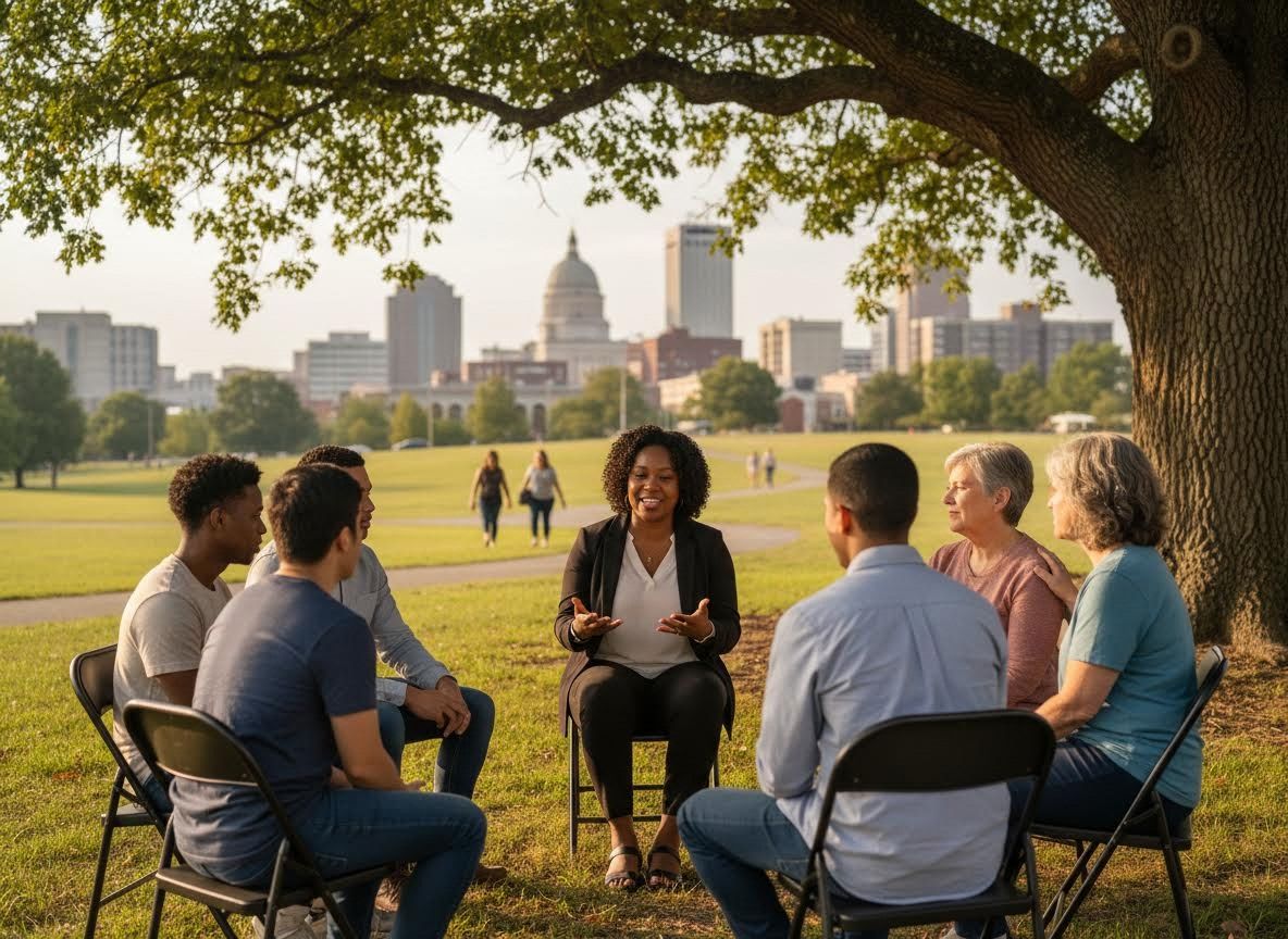Diverse group meeting outdoors under a tree with city skyline