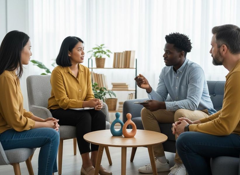 Four diverse adults, two women and two men, engage in a focused discussion during a counseling or therapy session in a bright room. Diverse Group Counseling Session