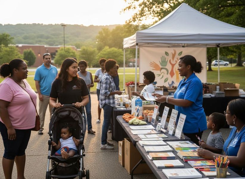 People gather at an outdoor community event with a white tent. A woman in a blue shirt is at a table with brochures and food, while another woman pushes a baby in a stroller. Community Outreach Event with Diverse Participants