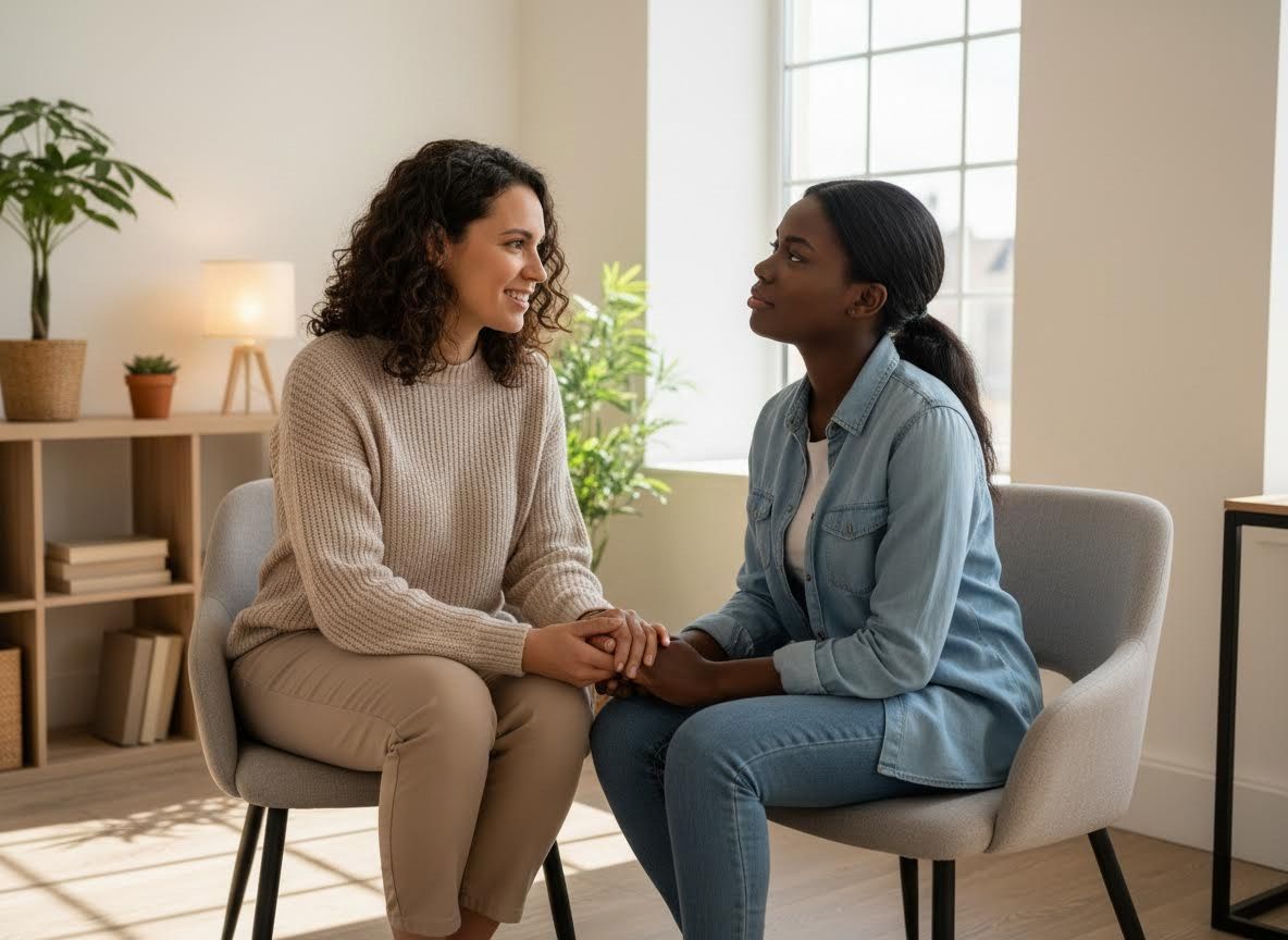 Two women holding hands, having a supportive conversation