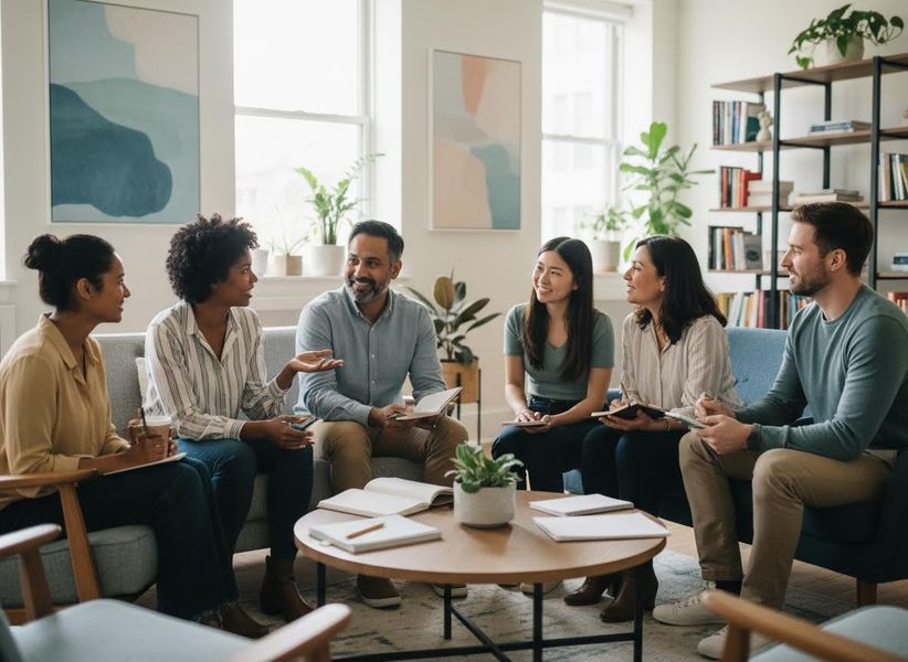 Diverse group in a casual discussion or meeting