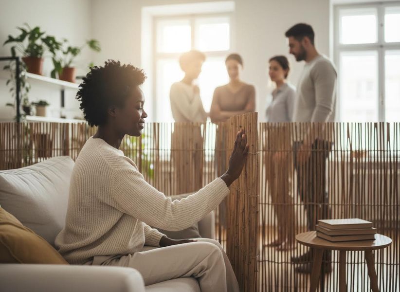 Woman on couch touching bamboo room divider