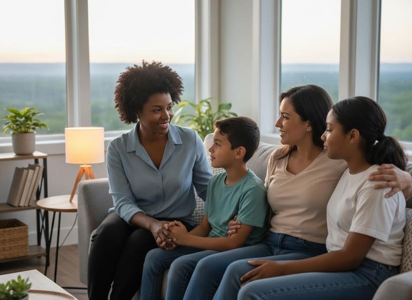 Diverse family conversing on living room couch