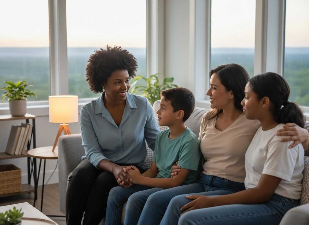 Diverse family conversing on living room couch