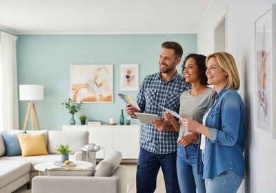 A smiling man and two women are looking at wall paint samples in a living room. The man is holding a tablet in one hand and a paint sample card in the other. The women are holding paper samples. The room is decorated in neutral colors with blue accents, and there is a couch and artwork in the background. Couple and a woman looking at wall paint samples